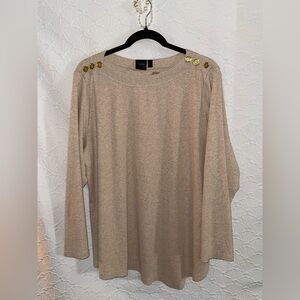 Rafaella Taupe Beige Knit Top with Gold Shoulder Buttons
